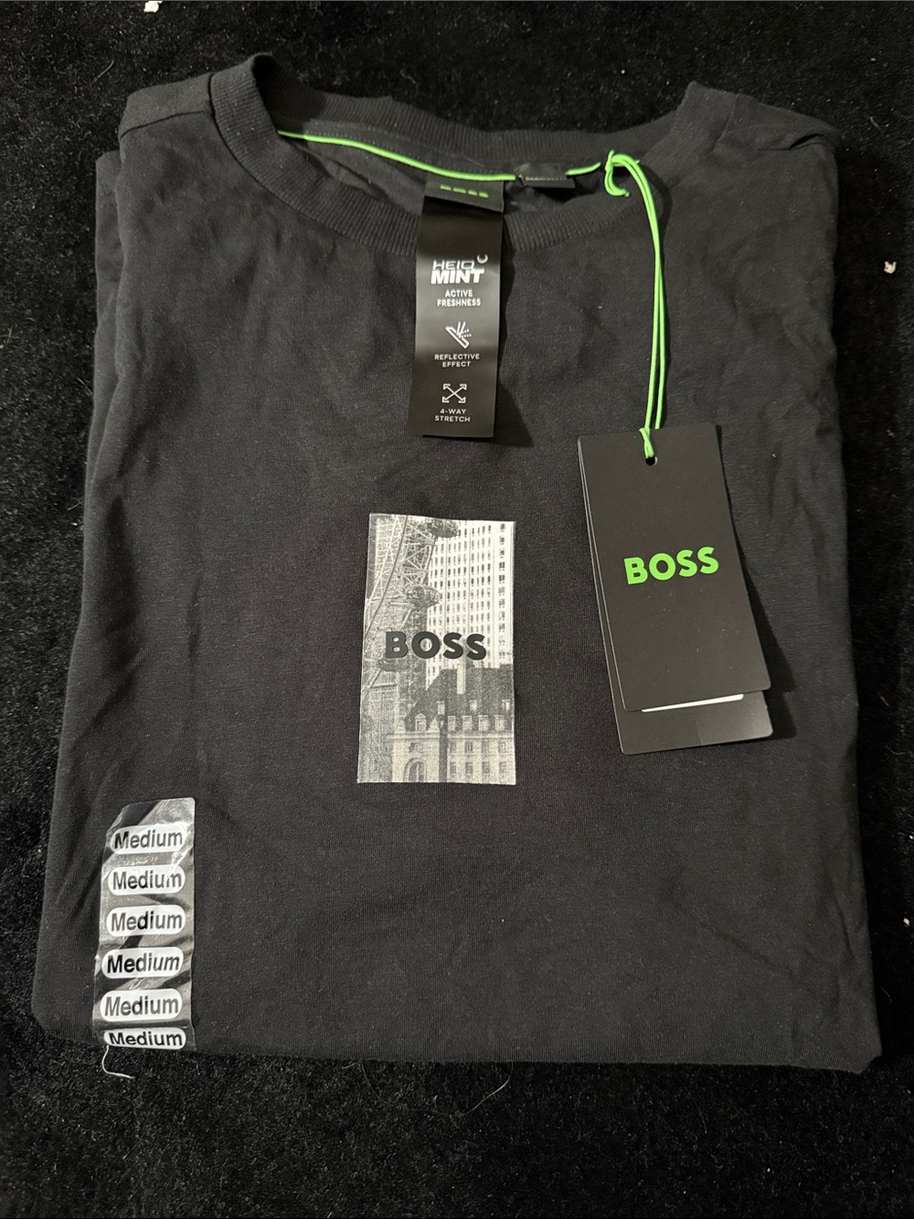 BOSS Black Short-Sleeve Crewneck Tee with Green-Accent Tag
